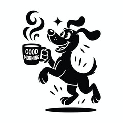 Vector illustration of happy cartoon dog holding a coffee cup with good morning text