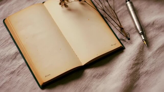 Open blank notebook with dried flowers and pen on soft fabric surface