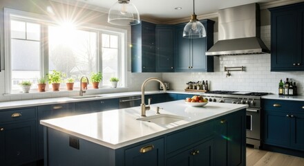 Fototapeta premium Bright kitchen with navy cabinets and white countertops. Sunlight streams through a large window