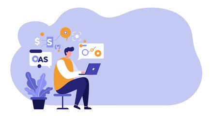 Man working on a laptop, surrounded by abstract icons representing finance, data, and online communication. Ideal for business, tech, or digital marketing concepts.