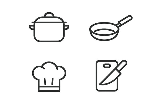 Kitchen essentials line icons set. Cooking and culinary symbols for gastronomy. Vector outline of pot, pan, chef hat, knife and cutting board for restaurant or cafe menu design.