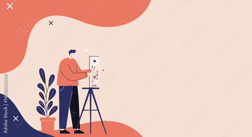 Wall mural man operating a modern digital device for creative or technical work, representing data processing, 