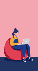 A young woman works or studies remotely on her laptop while sitting comfortably on a bean bag chair. Ideal for concepts of telecommuting, online learning, and relaxed productivity.