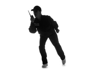 Naklejka premium Silhouette of female police officer with radio transmitter on white background