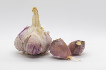 A bulb of fresh garlic, placed against a clean white background.