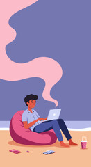 Relaxed young person working remotely on a laptop from a beachside bean bag chair. Depicts modern digital nomad life, balancing work and leisure.