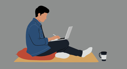 Person working comfortably on laptop, sitting on cushions. Ideal for remote work, education, freelance, or casual internet use. Focus, productivity, and flexible lifestyle.