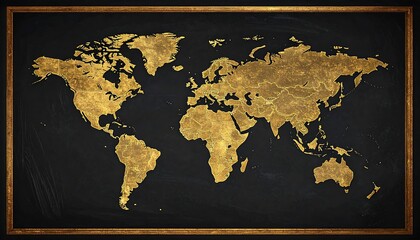 World map, gold-toned, chalkboard style