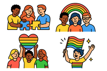 Set of pride icons with diverse people celebrating community. LGBTQ+ concepts of teamwork, unity, and support. Vector cartoon illustrations with rainbow flag, heart, and puzzle.