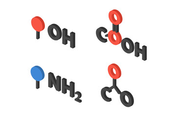Organic chemistry functional groups 3D isometric icon set. Alcohol, carboxyl, amine, ketone molecule structures. Science education vector illustration for biochemistry concept.