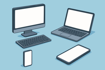 Isometric vector illustration of computer and phone mockups. Set of digital devices including desktop PC, laptop, and smartphone with blank empty white screens for template.