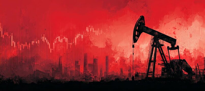 Oil pumpjack with red chart crisis effect. Generative video AI technology.	
