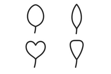 Outline vector icon set of petal shapes and forms including ovate petal, lanceolate petal, obcordate petal, spatulate petal, floral design elements on transparent background