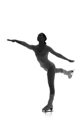 Silhouette of female figure skater on white background