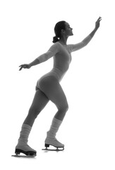 Silhouette of female figure skater on white background