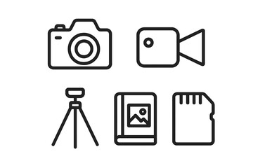 Outline Photography Icon Set of 4 Vector Illustrations Including Photo Camera, Video Camera, Tripod, Photo Album, and Memory Card on Transparent Background for Photography and Videography