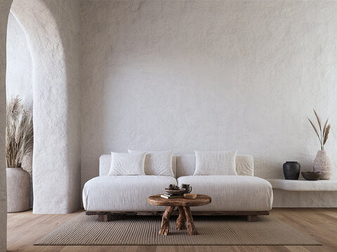 Wabi-sabi living room interior with sofa table rug and stucco wall. 3d rendering
