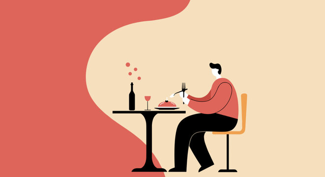 Flat illustration of a person dining alone at a table with food and wine. Represents a quiet meal or leisure time.