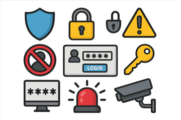Security icon set. Vector collection of safety symbols like shield, lock, password, and key. Cybersecurity, data protection and privacy concept. Login and access control design.