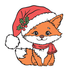 Vector illustration of a cute fox in a red Santa hat with holly and a scarf. Adorable Christmas animal character, perfect for holiday cards, children’s design, and festive decorations.