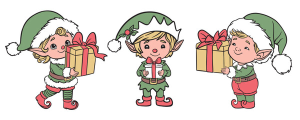 Vector illustration of three cute Santa’s little helpers, Christmas elves in festive outfits holding gift boxes. Adorable cartoon characters for holiday, New Year and children’s design