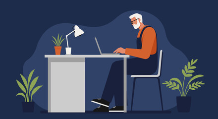 Elderly man with beard and glasses working remotely on laptop at his home office desk. Depicts focus, digital literacy, and modern senior lifestyle.