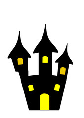 Black castle silhouette with yellow windows on white background  