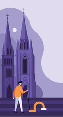 Visually impaired person navigating towards a majestic gothic cathedral at dusk, symbolizing guidance, faith, and spiritual journey.