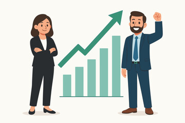 Fototapeta premium Business success and teamwork concept. Businessman and woman characters with rising graph. Financial growth and profit diagram with upward arrow. Corporate achievement vector.
