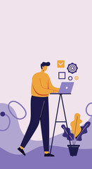 A focused man works efficiently on his laptop, surrounded by abstract icons representing tasks, settings, and organization. Ideal for tech, business, and remote work concepts.