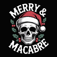 Merry and macabre skull with Santa hat, gothic holiday emblem, Christmas vector illustration, poster, sticker, tshirt, alternative seasonal badge