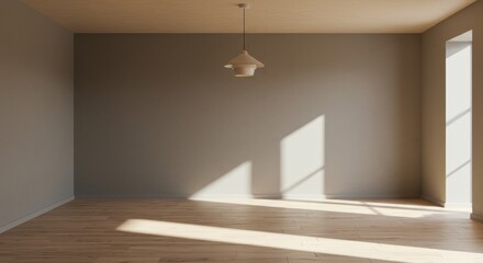 An empty room with pale walls, wooden floor, and a singular hanging light. Sunlight streams in, creating dramatic shadows