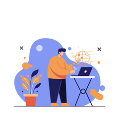 Man working on a laptop, interacting with a global network illustration. Represents remote work, online connectivity, worldwide communication, or data management.