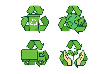 Recycling symbol icon set for waste management. Environmentally friendly sustainability concept. Green vector icons for ecology, conservation, planet care, zero waste illustration.