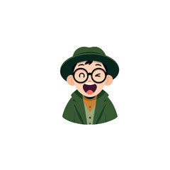 Cartoon illustration of a winking boy with round glasses wearing a hat and a green jacket design
