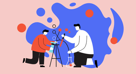 Two male researchers collaborate in a modern laboratory, conducting experiments with scientific equipment. Ideal for concepts of innovation, discovery, and teamwork in science and education.