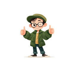 Cartoon boy with glasses and green jacket giving thumbs up with both hands on a white background image