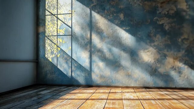 Sunlight streaming through a window casts shadows on a textured blue wall in an empty room