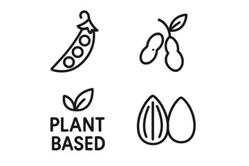 Plant-Based Icon Set of 4 Outline Style with Pea Pod, Soybean Cluster, Almond Silhouette, and Plant-Based Product Labels Vector Illustration on Transparent Background