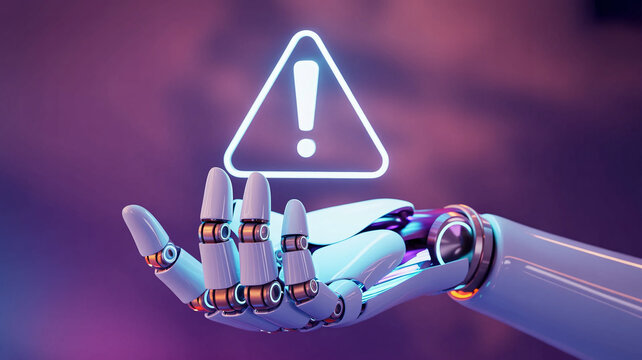 Futuristic robot hand presents glowing warning symbol, signaling caution in technological advancements