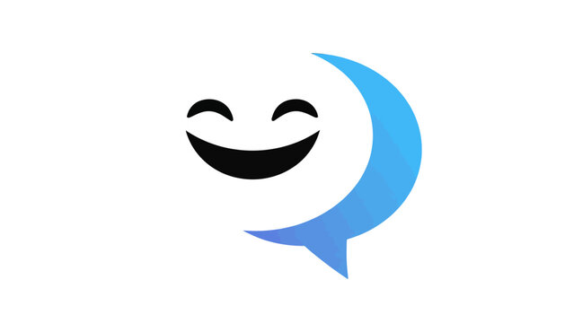 Happy chat logo with a smiling face in a blue speech bubble. Icon for positive communication, social media, and customer support.
