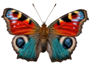 Detailed macro view of a peacock butterfly with vibrant orange and blue wings isolated on transparent background