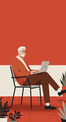 Elderly man actively typing on a laptop, representing modern retirement, online learning, or remote work in a minimalist setting. Business, lifestyle, technology concept.