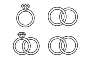 Wedding and engagement rings icon set. Marriage ceremony and proposal symbols. Linear vector illustration of diamond ring and couple bands for celebration of love and union.