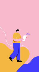 Modern illustration of a person reviewing a document, symbolizing data analysis, financial planning, or information processing. Vibrant abstract background.