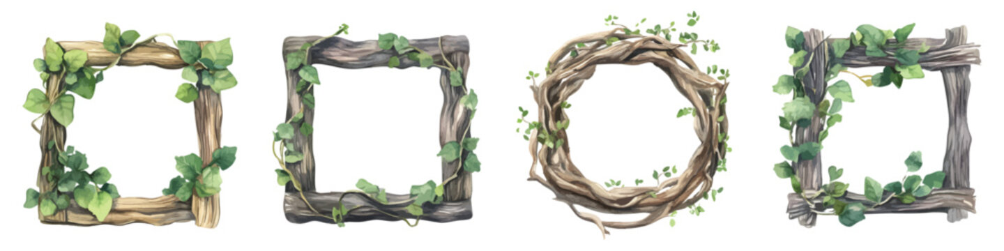 Set watercolor rectangular and circular shape frames with rustic wood, branches, and twisting vines leaves creeper for wedding invitations cards isolated on transparent background