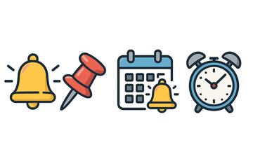 Obraz premium Reminder Notification Pin Calendar Alarm Clock Icon Set for Scheduling and Time Management. Vector Cartoon Illustration. Organizer Planner Concept Alert Isolated Transparent Background.