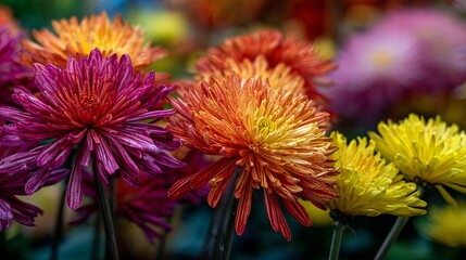 Obraz premium Vibrant chrysanthemums bloom in a rich tapestry of autumn colors, bringing natural beauty and warmth