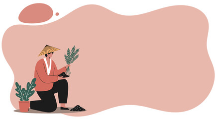 Illustration of a person in a conical hat planting seedlings, symbolizing traditional agriculture, gardening, and sustainable living. Ideal for eco-friendly concepts.