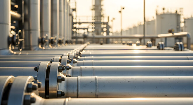 A Close-Up of Industrial Pipelines Stretching into the Horizon at a Production Site